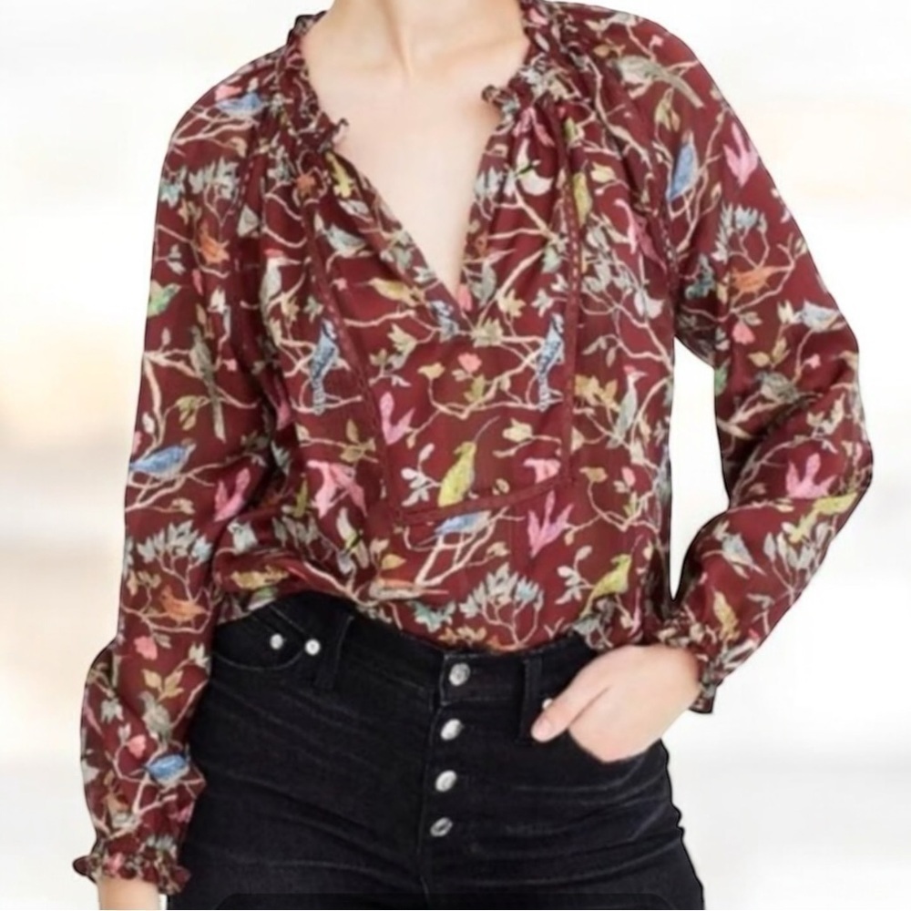 J. Crew Point Sur Deep Brown Ruffle Blouse Cottage Bird Print Semi Sheer Top - Picture 2 of 9